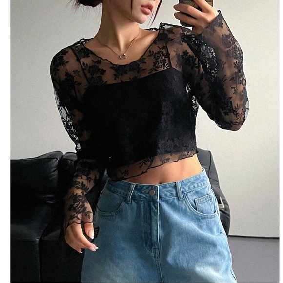 Boho Floral print Lace Sheer Long Sleeve Cropped Top - Picture 7 of 9
